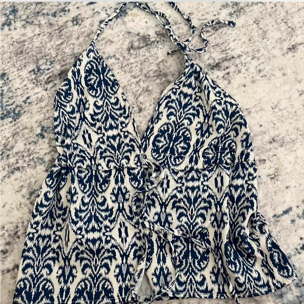 SHEIN Navy and Cream Patterned Halter Blouse